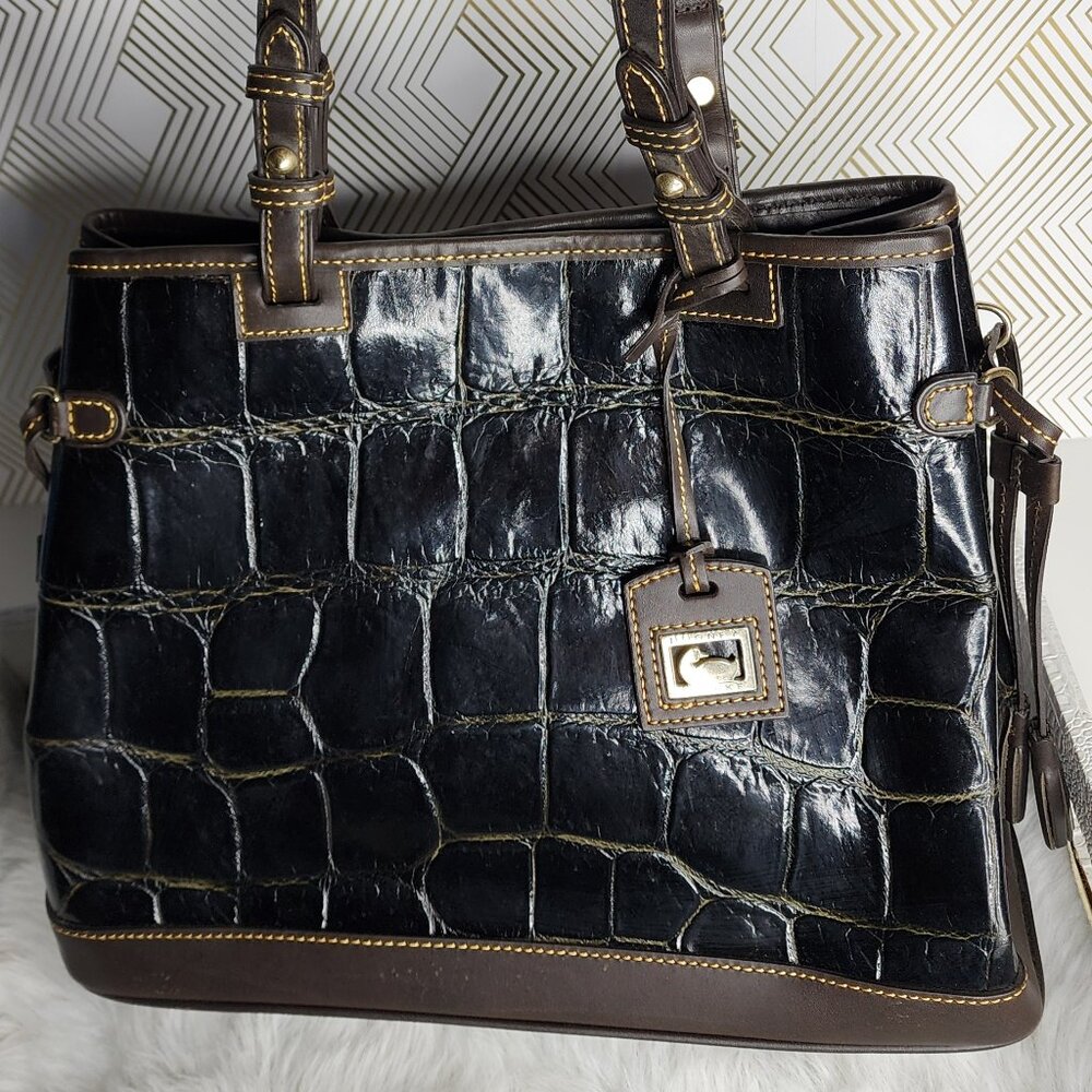 Dooney & Bourke Black Croco Embossed Leather Satchel Double Strap Tote Bag